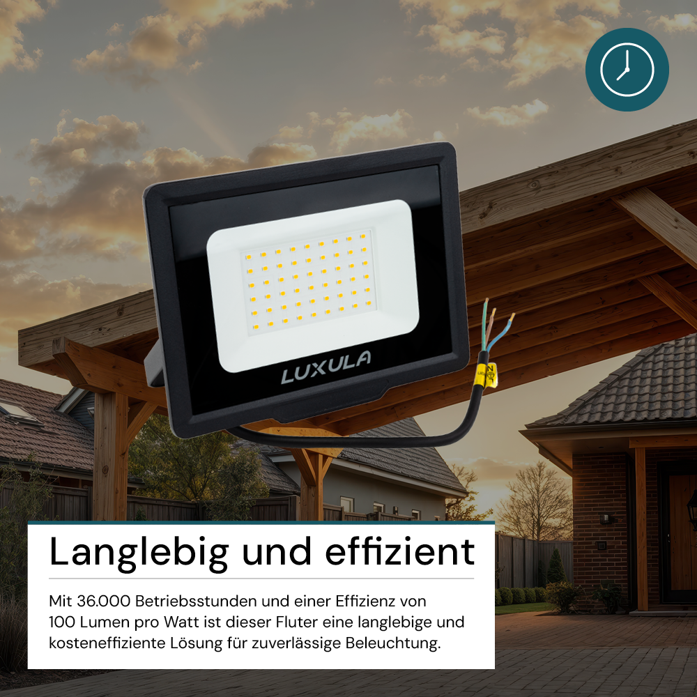 LED-Fluter, 50 W, 4000 K (neutralweiß), 5000 lm, schwarz, IP65.