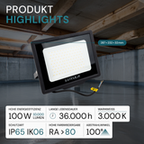 LED-Fluter, 100 W, 3000 K (warmweiß), 10000 lm, schwarz, IP65.