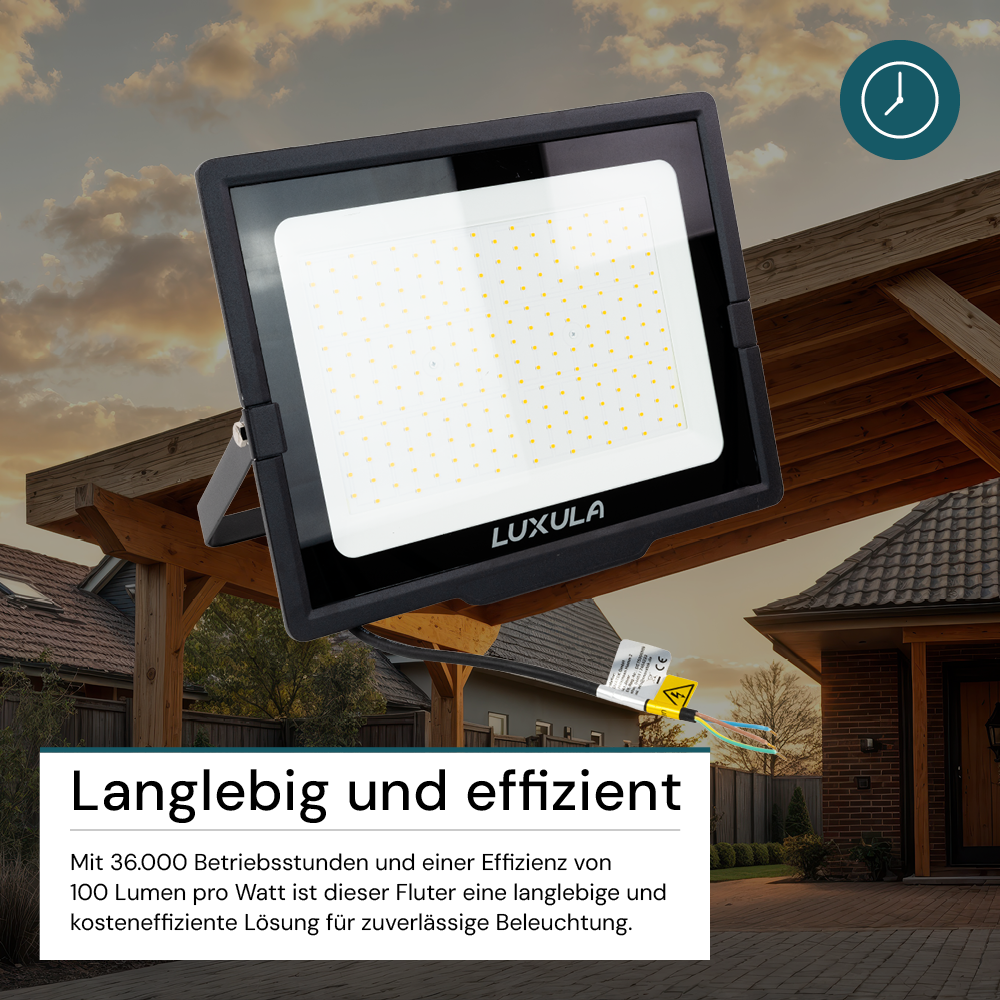 LED-Fluter, 200 W, 3000 K (warmweiß), 20000 lm, schwarz, IP65.
