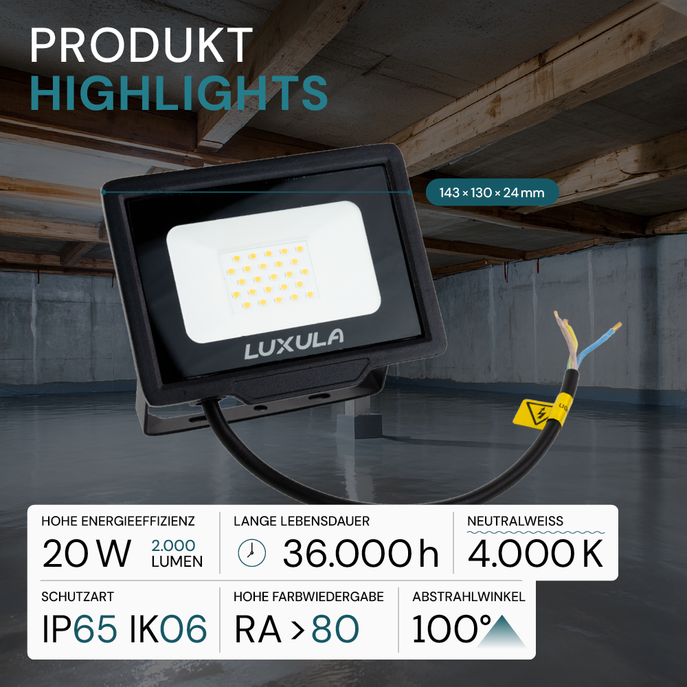 2er Pack LED-Fluter, 20 W, 4000 K (neutralweiß), 2000 lm, schwarz, IP65.