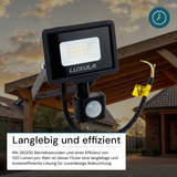 LED-Fluter mit Bewegungsmelder, 10 W, 3000 K (warmweiß), 1000 lm, schwarz, IP65.