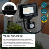 LED-Fluter mit Bewegungsmelder, 10 W, 3000 K (warmweiß), 1000 lm, schwarz, IP65.