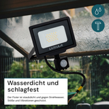 LED-Fluter mit Bewegungsmelder, 20 W, 3000 K (warmweiß), 2000 lm, schwarz, IP65.