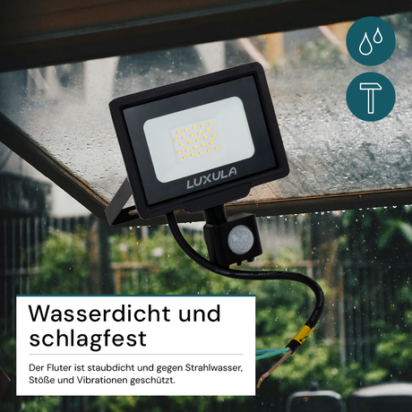 LED-Fluter mit Bewegungsmelder, 20 W, 4000 K (neutralweiß), 2000 lm, schwarz, IP65.