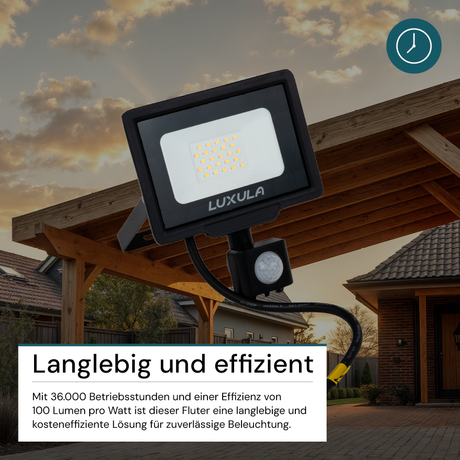 LED-Fluter mit Bewegungsmelder, 20 W, 4000 K (neutralweiß), 2000 lm, schwarz, IP65.