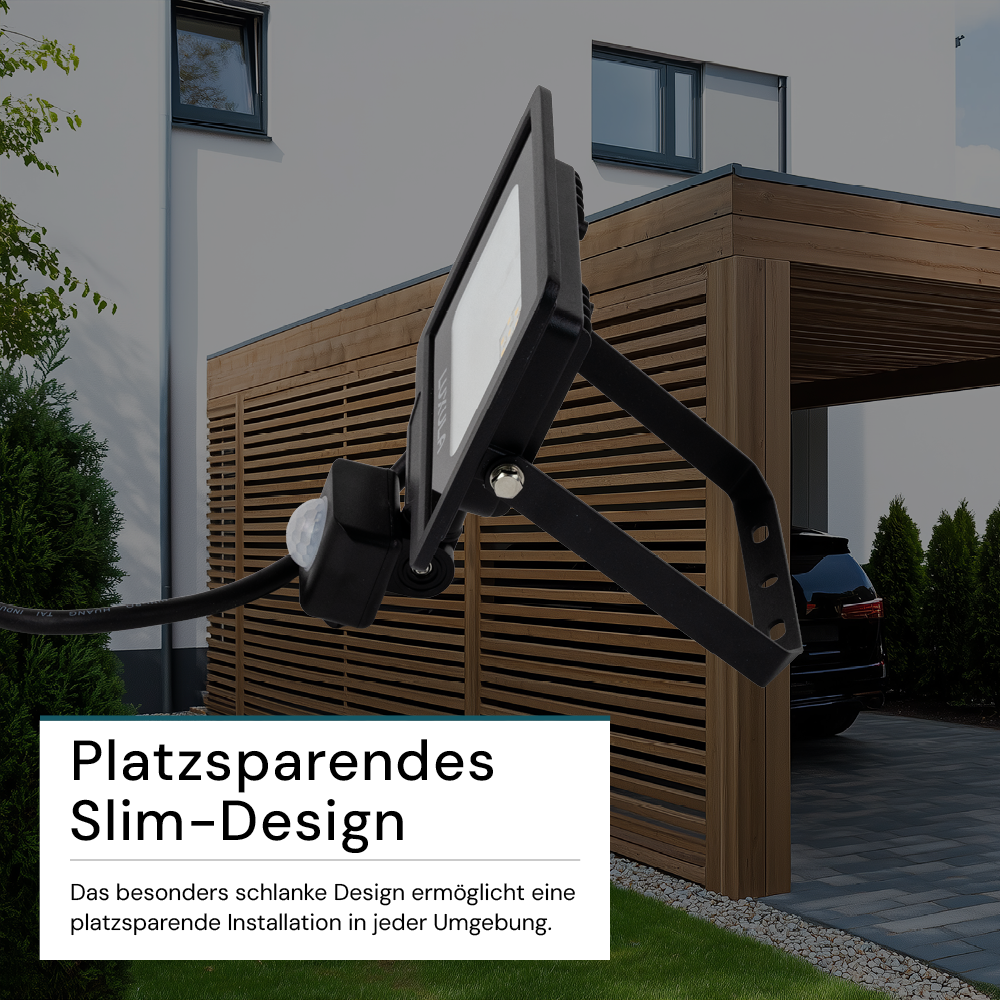 LED-Fluter mit Bewegungsmelder, 20 W, 3000 K (warmweiß), 2000 lm, schwarz, IP65.