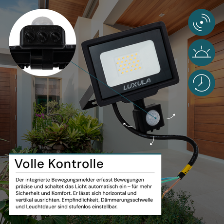 LED-Fluter mit Bewegungsmelder, 20 W, 3000 K (warmweiß), 2000 lm, schwarz, IP65.