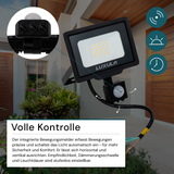 LED-Fluter mit Bewegungsmelder, 20 W, 4000 K (neutralweiß), 2000 lm, schwarz, IP65.