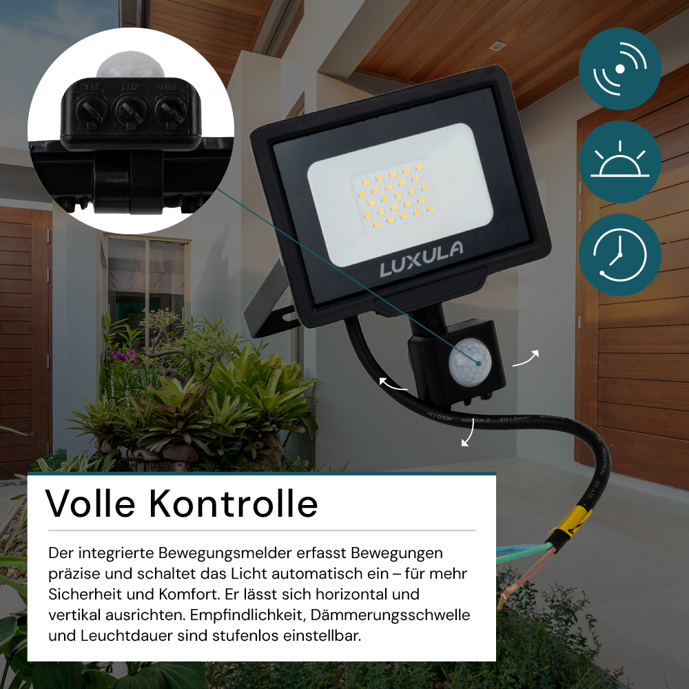 2er Pack LED-Fluter mit Bewegungsmelder, 20 W, 4000 K (neutralweiß), 2000 lm, schwarz, IP65.