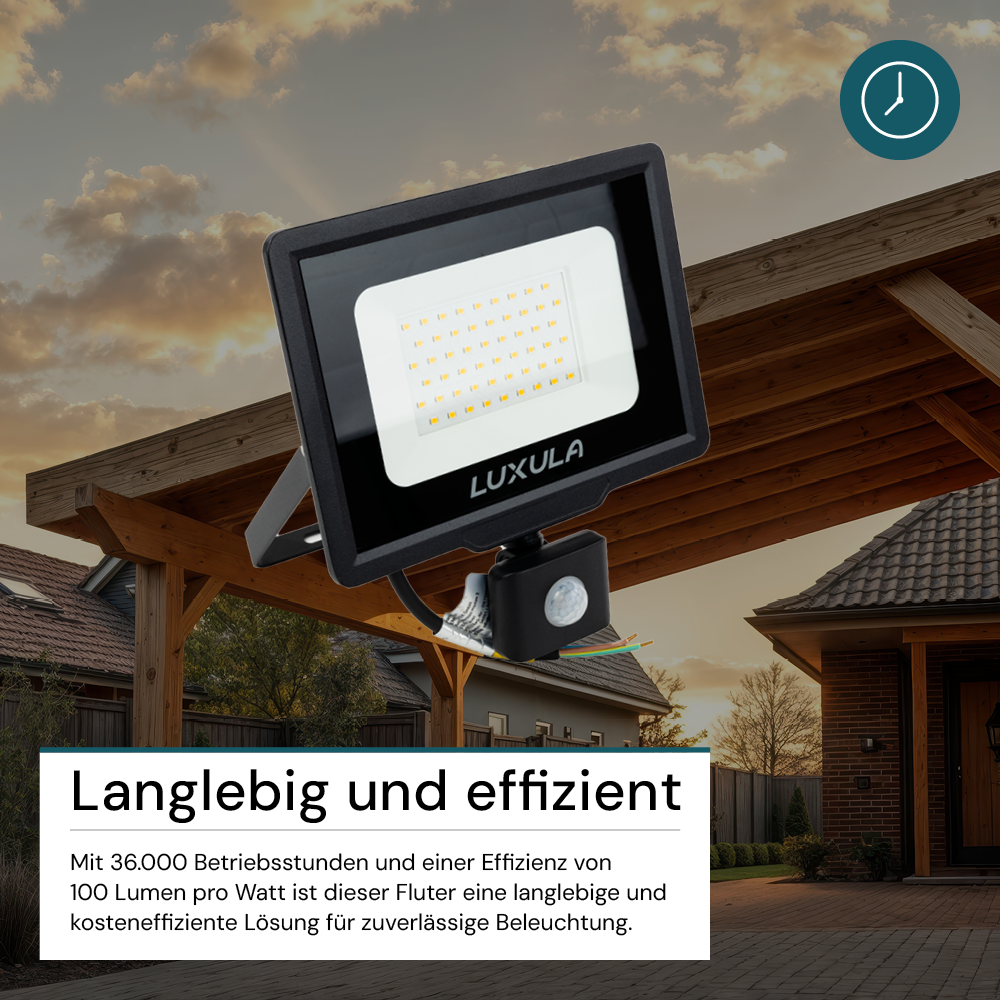 2er Pack LED-Fluter mit Bewegungsmelder, 50 W, 4000 K (neutralweiß), 5000 lm, schwarz, IP65.