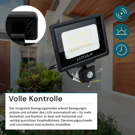 LED-Fluter mit Bewegungsmelder, 50 W, 3000 K (warmweiß), 5000 lm, schwarz, IP65.