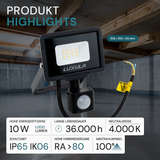 LED-Fluter mit Bewegungsmelder, 10 W, 4000 K (neutralweiß), 1000 lm, schwarz, IP65.