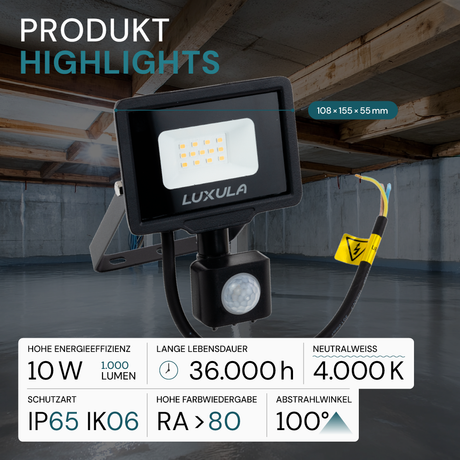 LED-Fluter mit Bewegungsmelder, 10 W, 4000 K (neutralweiß), 1000 lm, schwarz, IP65.