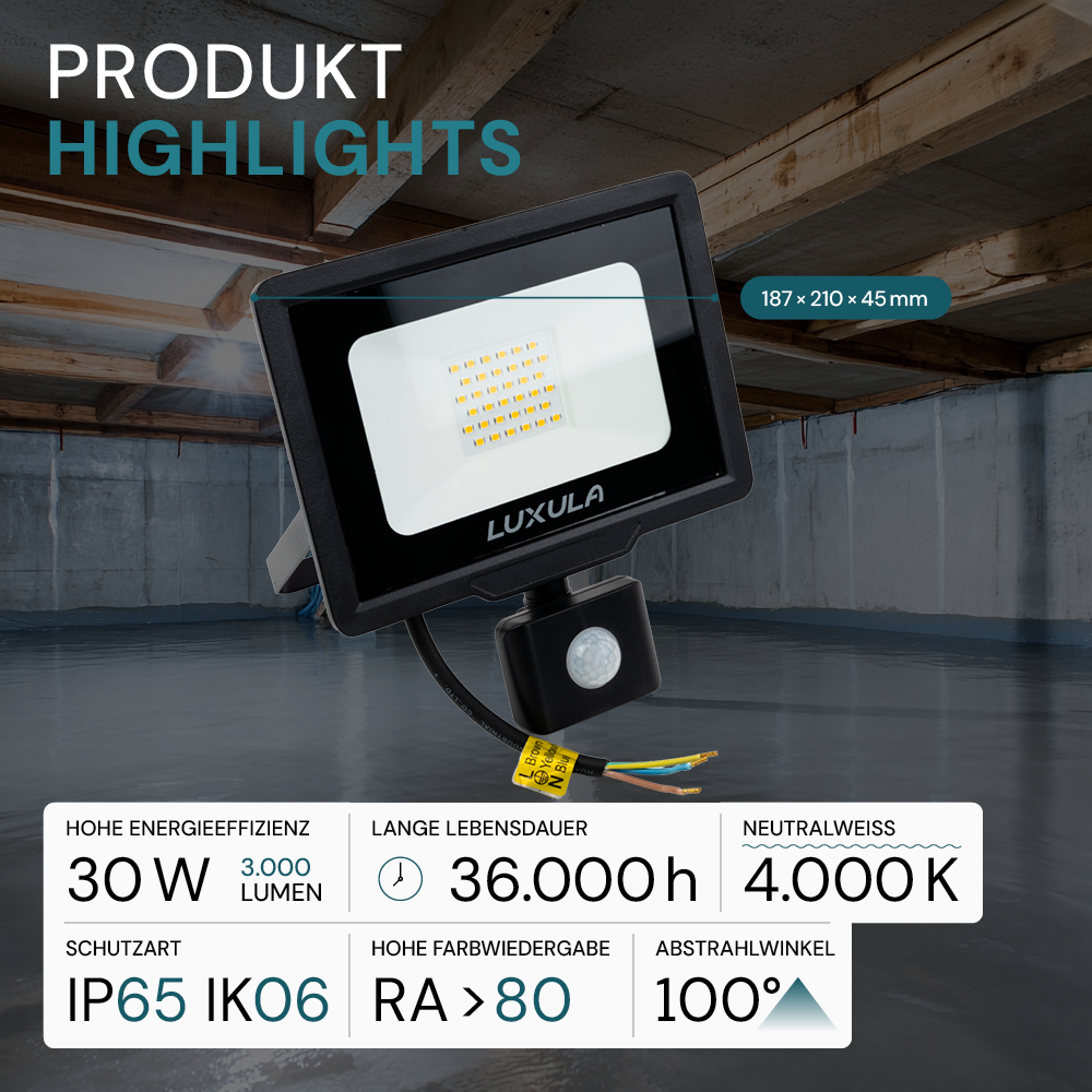 LED-Fluter mit Bewegungsmelder, 30 W, 4000 K (neutralweiß), 3000 lm, schwarz, IP65.