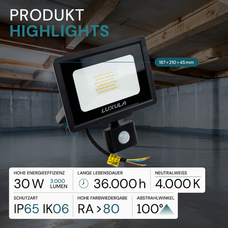 LED-Fluter mit Bewegungsmelder, 30 W, 4000 K (neutralweiß), 3000 lm, schwarz, IP65.