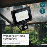 LED-Fluter mit Bewegungsmelder, 30 W, 4000 K (neutralweiß), 3000 lm, schwarz, IP65.