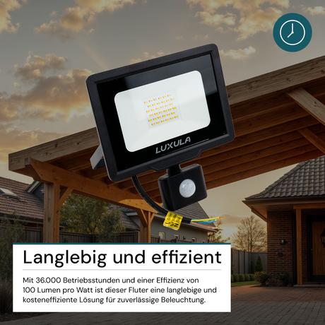 LED-Fluter mit Bewegungsmelder, 30 W, 4000 K (neutralweiß), 3000 lm, schwarz, IP65.