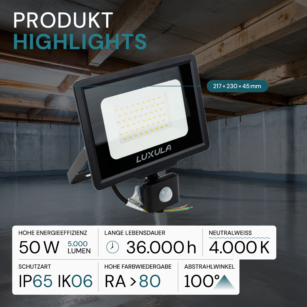 LED-Fluter mit Bewegungsmelder, 50 W, 4000 K (neutralweiß), 5000 lm, schwarz, IP65.