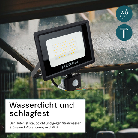 LED-Fluter mit Bewegungsmelder, 50 W, 4000 K (neutralweiß), 5000 lm, schwarz, IP65.