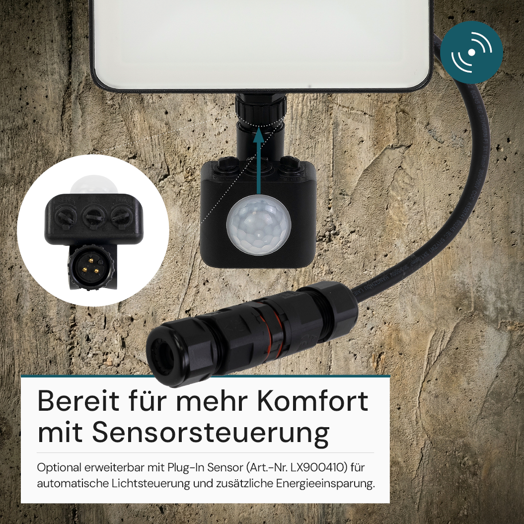 LED-Fluter, BeamPlug, 10 W, 4000 K (neutralweiß), 1200 lm, schwarz, energiesparend, verstellbare Leuchtrichtung, Plug-In Sensor Vorrichtung, IP65 Kabelverbinder, Wand- & Eckmontage
