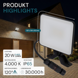 LED-Fluter, BeamPlug, 20 W, 4000 K (neutralweiß), 2400 lm, schwarz, energiesparend, verstellbare Leuchtrichtung, Plug-In Sensor Vorrichtung, IP65 Kabelverbinder, Wand- & Eckmontage