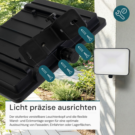 LED-Fluter, BeamPlug, 50 W, 4000 K (neutralweiß), 6000 lm, schwarz, energiesparend, verstellbare Leuchtrichtung, Plug-In Sensor Vorrichtung, IP65 Kabelverbinder, Wand- & Eckmontage