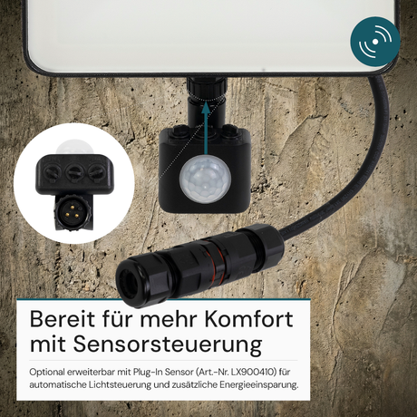 LED-Fluter, BeamPlug, 50 W, 4000 K (neutralweiß), 6000 lm, schwarz, energiesparend, verstellbare Leuchtrichtung, Plug-In Sensor Vorrichtung, IP65 Kabelverbinder, Wand- & Eckmontage
