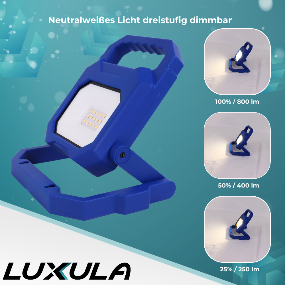 2er Set LED Baustrahler mit Akku, faltbar, 6 W, 800 lm, 4000 K (neutralweiß), IP54, 7 Stunden Lichtzeit, USB In- und Output, flexible Arbeitsleuchte.