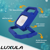 LED Baustrahler mit Akku, faltbar, 6 W, 800 lm, 4000 K (neutralweiß), IP54, 7 Stunden Lichtzeit, USB In- und Output, flexible Arbeitsleuchte.