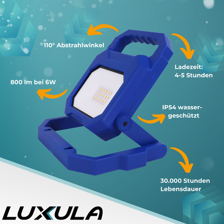 2er Set LED Baustrahler mit Akku, faltbar, 6 W, 800 lm, 4000 K (neutralweiß), IP54, 7 Stunden Lichtzeit, USB In- und Output, flexible Arbeitsleuchte.
