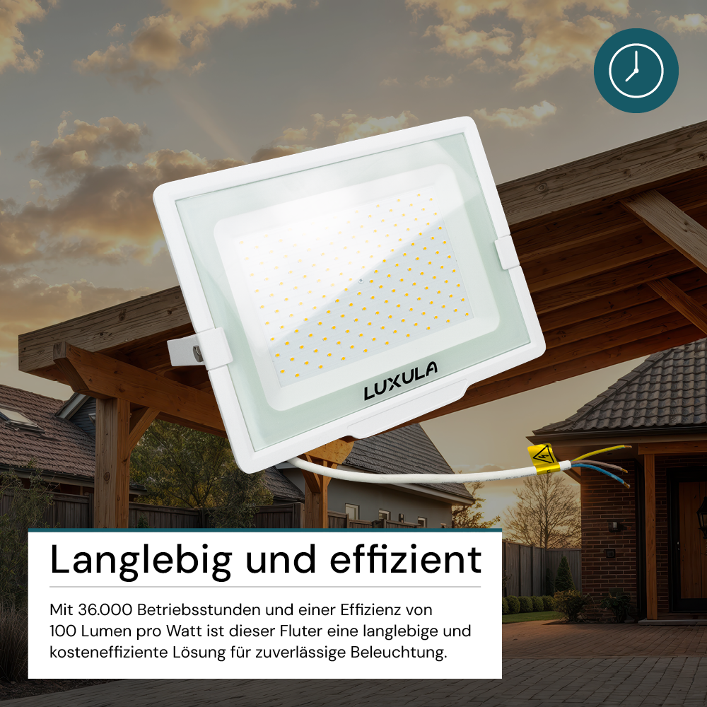 LED-Fluter, 150 W, 3000 K (warmweiß), 15000 lm, weiß, IP65.