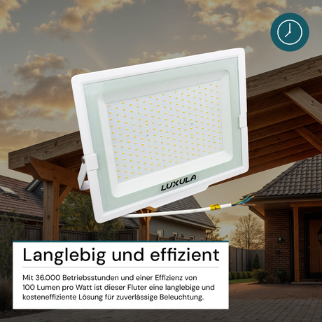 LED-Fluter, 200 W, 3000 K (warmweiß), 20000 lm, weiß, IP65.