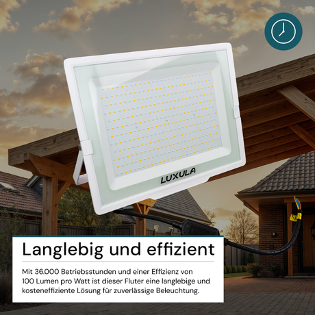 LED-Fluter, 300 W, 4000 K (neutralweiß), 30000 lm, weiß, IP65.
