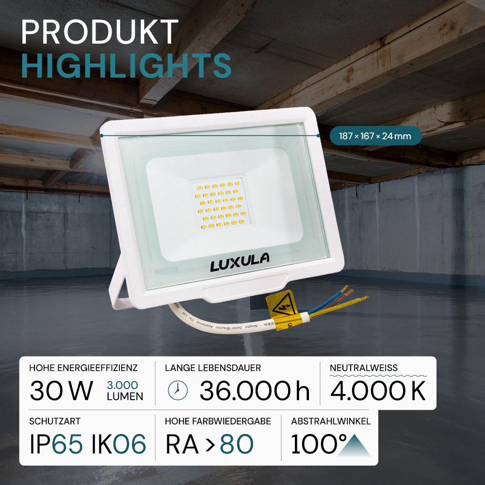 2er Pack LED-Fluter, 30 W, 4000 K (neutralweiß), 3000 lm, weiß, IP65.
