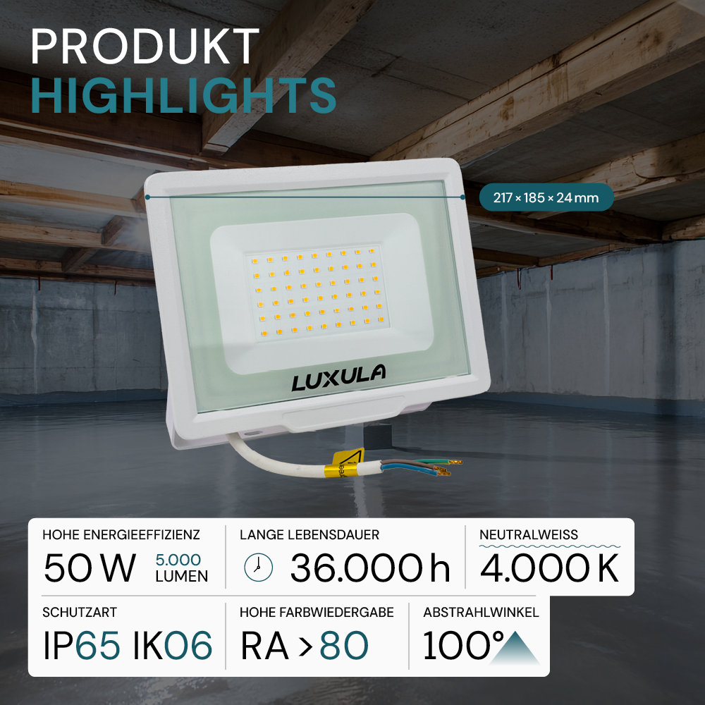 2er Pack LED-Fluter, 50 W, 4000 K (neutralweiß), 5000 lm, weiß, IP65.
