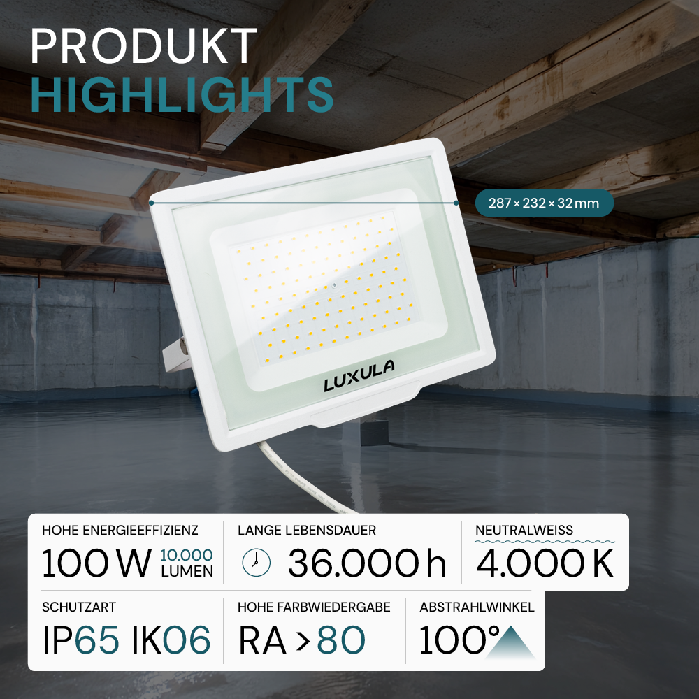 10er Pack LED-Fluter, 100 W, 4000 K (neutralweiß), 10000 lm, weiß, IP65.