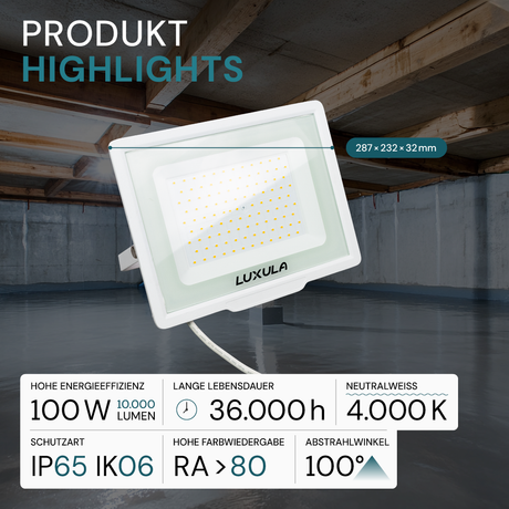 10er Pack LED-Fluter, 100 W, 4000 K (neutralweiß), 10000 lm, weiß, IP65.