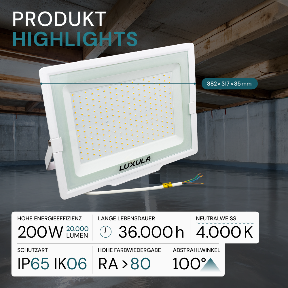 2er Pack LED-Fluter, 200 W, 4000 K (neutralweiß), 20000 lm, weiß, IP65.