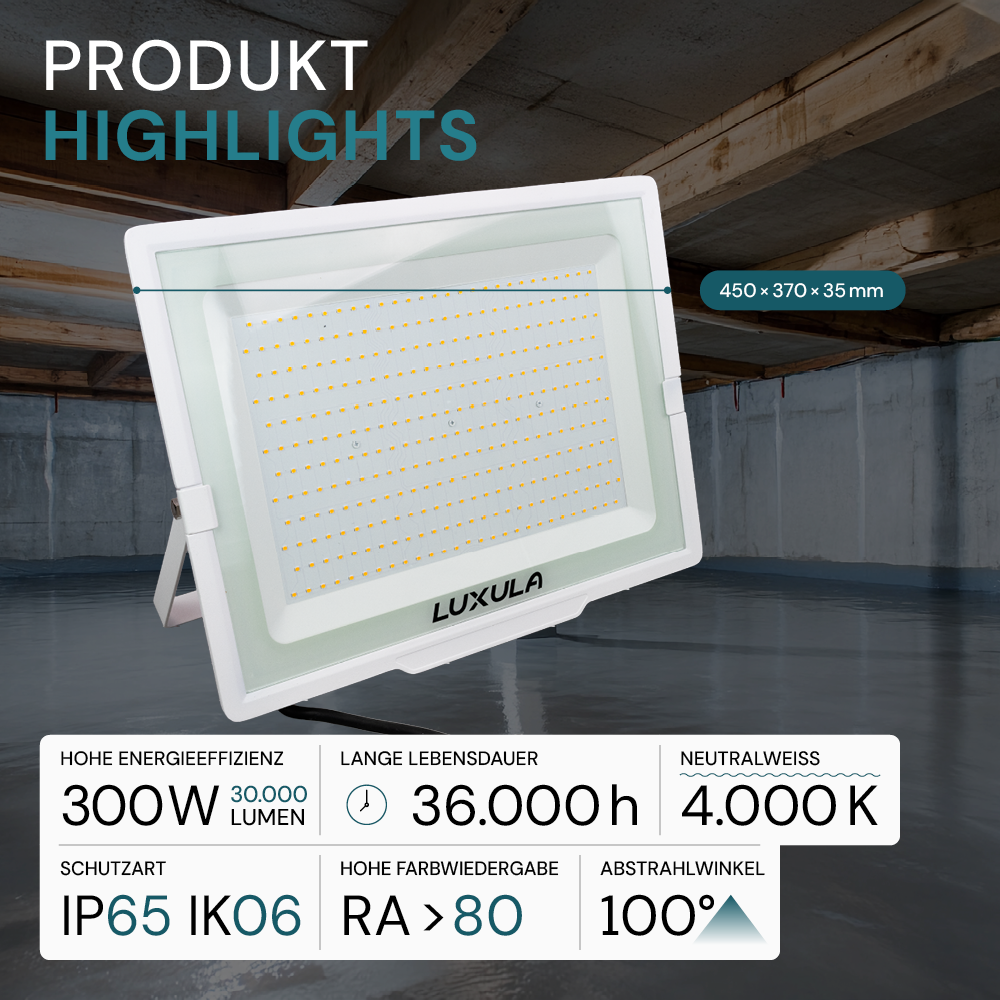 4er Pack LED-Fluter, 300 W, 4000 K (neutralweiß), 30000 lm, weiß, IP65.
