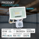 LED-Fluter mit Bewegungsmelder, 10 W, 3000 K (warmweiß), 1000 lm, weiß, IP65.