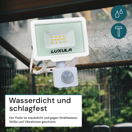 LED-Fluter mit Bewegungsmelder, 10 W, 3000 K (warmweiß), 1000 lm, weiß, IP65.