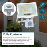 LED-Fluter mit Bewegungsmelder, 10 W, 3000 K (warmweiß), 1000 lm, weiß, IP65.