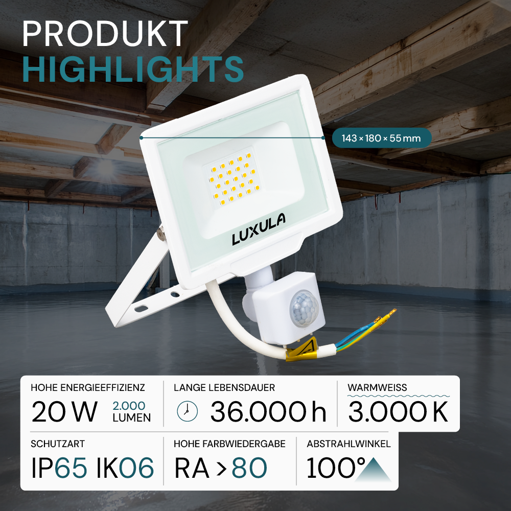 LED-Fluter mit Bewegungsmelder, 20 W, 3000 K (warmweiß), 2000 lm, weiß, IP65.