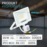 LED-Fluter mit Bewegungsmelder, 20 W, 3000 K (warmweiß), 2000 lm, weiß, IP65.