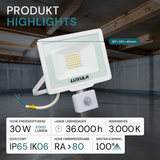 LED-Fluter mit Bewegungsmelder, 30 W, 3000 K (warmweiß), 3000 lm, weiß, IP65.