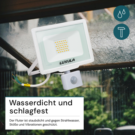 LED-Fluter mit Bewegungsmelder, 30 W, 4000 K (neutralweiß), 3000 lm, weiß, IP65.