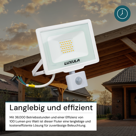 2er Pack LED-Fluter mit Bewegungsmelder, 30 W, 4000 K (neutralweiß), 3000 lm, weiß, IP65.