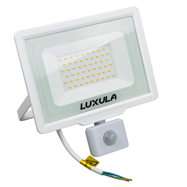 LED-Fluter mit Bewegungsmelder, 50 W, 3000 K (warmweiß), 5000 lm, weiß, IP65.