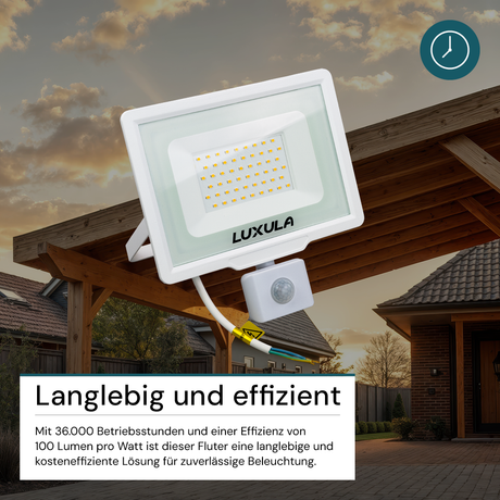 LED-Fluter mit Bewegungsmelder, 50 W, 3000 K (warmweiß), 5000 lm, weiß, IP65.