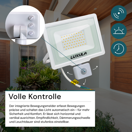 LED-Fluter mit Bewegungsmelder, 50 W, 4000 K (neutralweiß), 5000 lm, weiß, IP65.